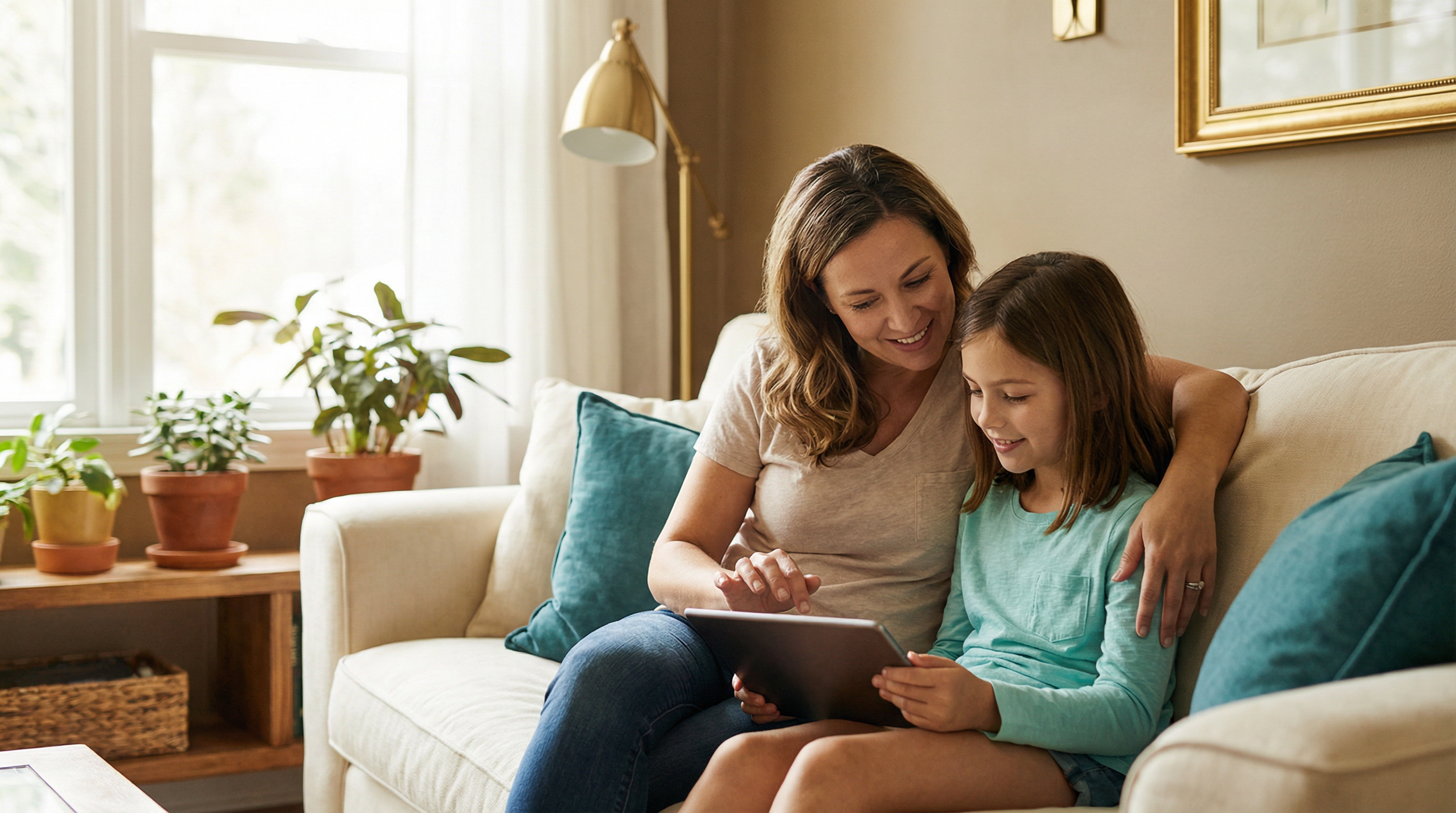 Parent and child sharing a moment together with technology